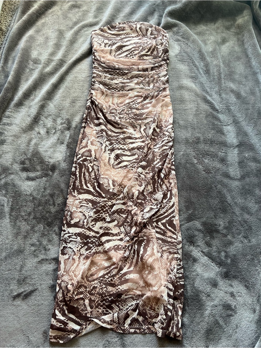 Strapless Brown & Cream Animal-Print Maxi Dress